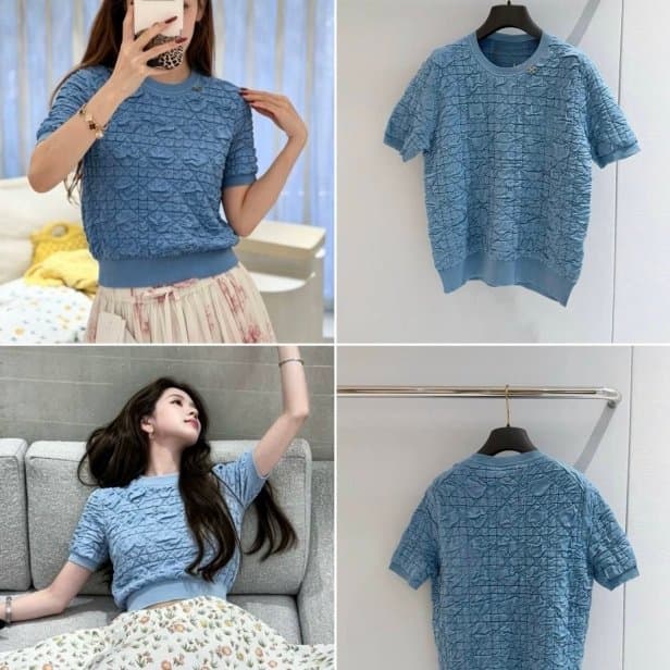 Nanyou High-End 2026 Summer Casual Blue Pleated Short-Sleeve T-Shirt for Women, Round Neck Pullover, Chic Slimming Top