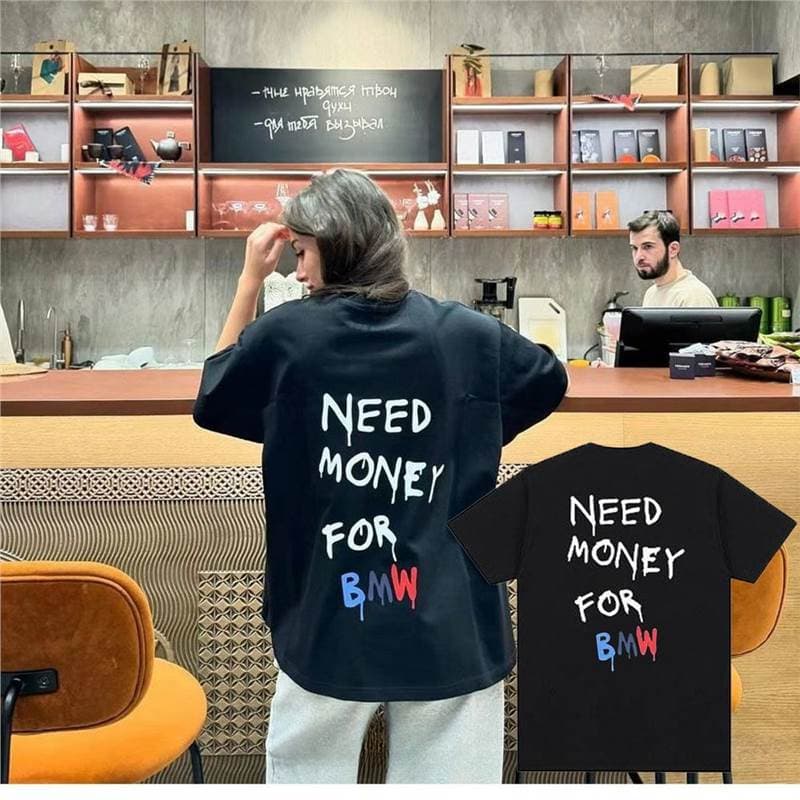 Qian Ouma Printed T-Shirt Ouma BMW T-Shirt BMW Letter Cotton Graffiti Short Sleeve Cotton T-Shirt European and American Style