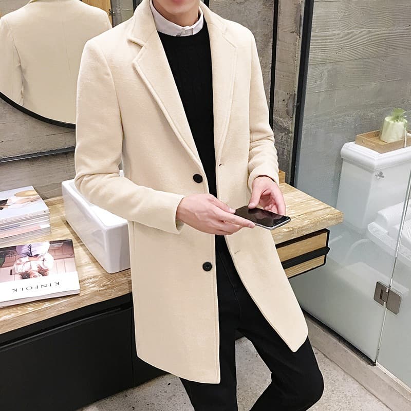 2025 Spring and Autumn Woolen Coat Men's Medium and Long Korean Style Trendy Windbreaker Nizi Thin Medium and Long Woolen Coat