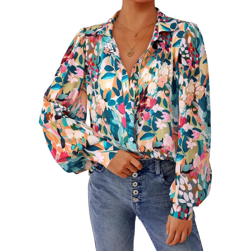Women's Floral Blouses Dressy Casual V-Neck Button-Down Shirts