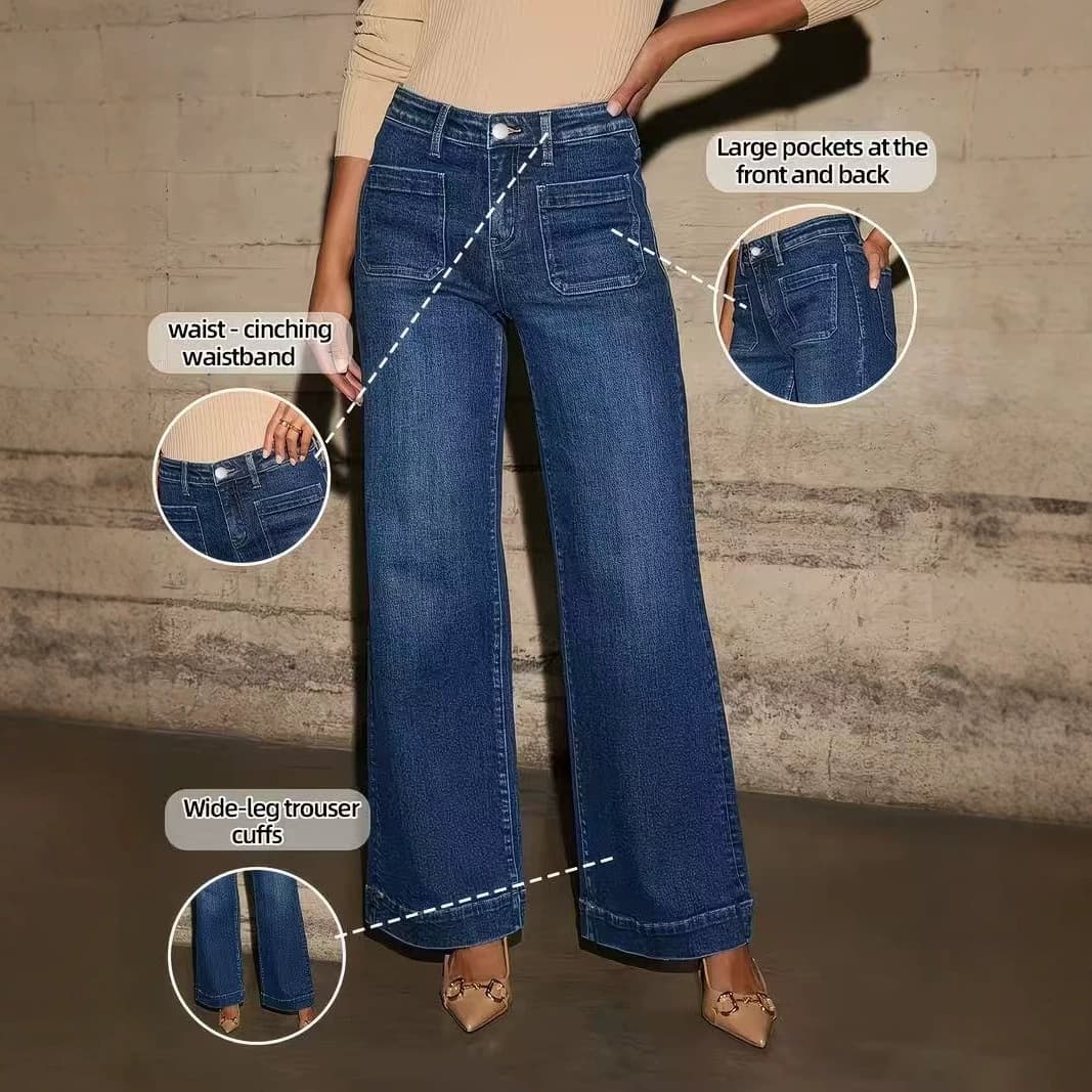 Cross-border EU/US Shein TM Mid-rise Stretch Denim Jeans, Loose Fit, Slimming, Versatile Wide-leg Casual Commuter Long Jeans