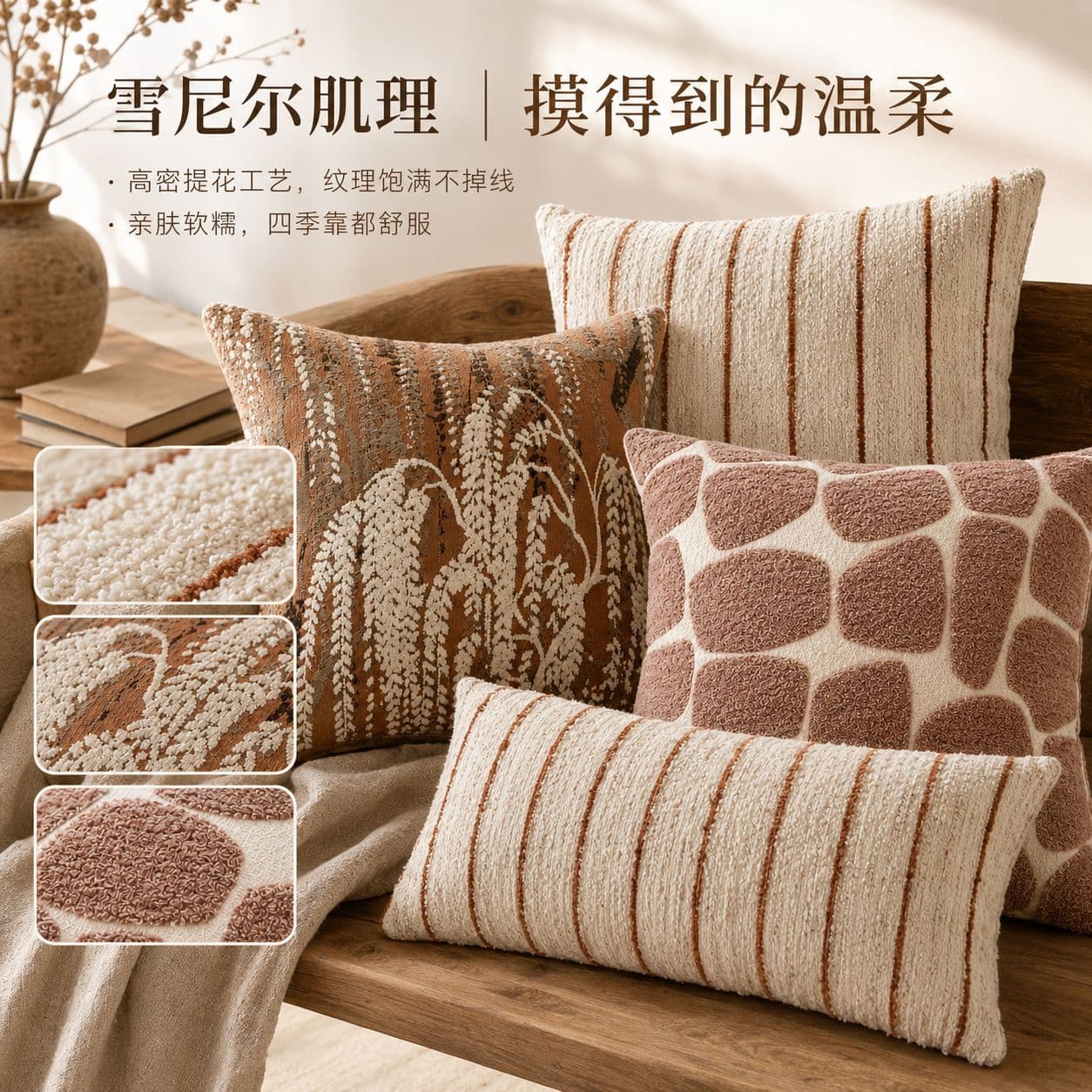 Chenille Throw Pillow Wabi-Sabi Brown Tone Cushion Cover for Living Room Sofa Tatami Bed Backrest Pad