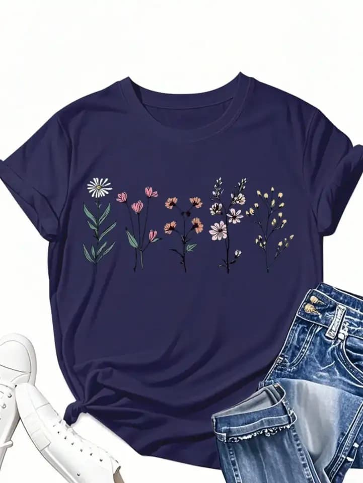 Summer Clothing Plus Size Round Neck Top Hand-Painted Floral Pattern T-Shirt Graphic Tee Women's Blouse