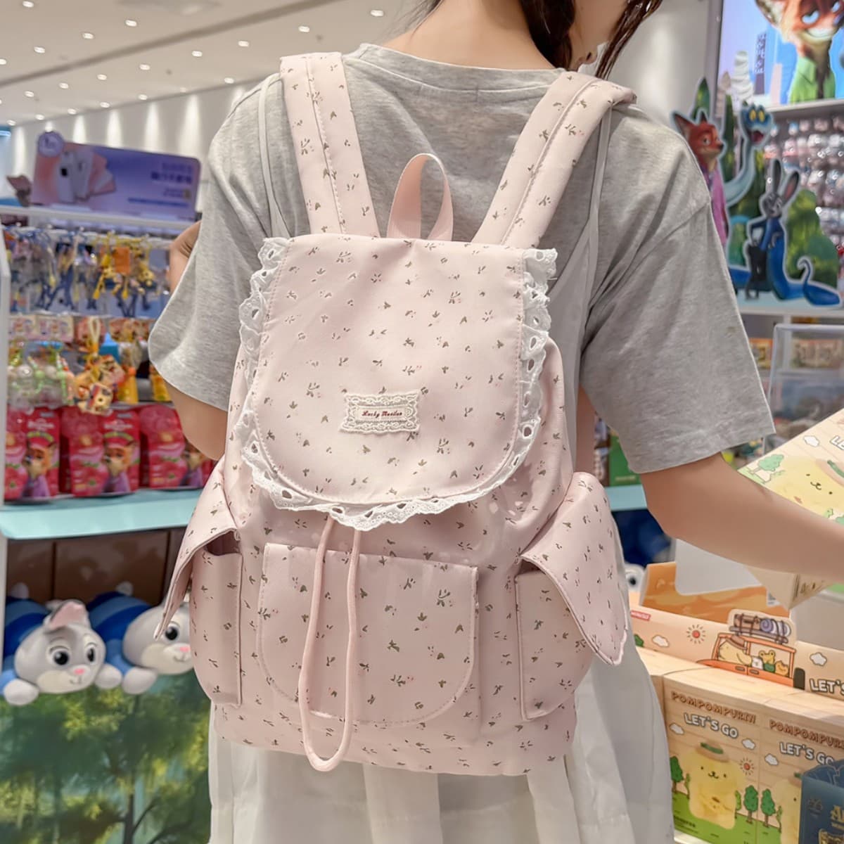 French Romantic Floral Backpack for Women with Lace Trim, Soft Creamy Style, Cute Double-Shoulder Bag for Students, Factory Direct
