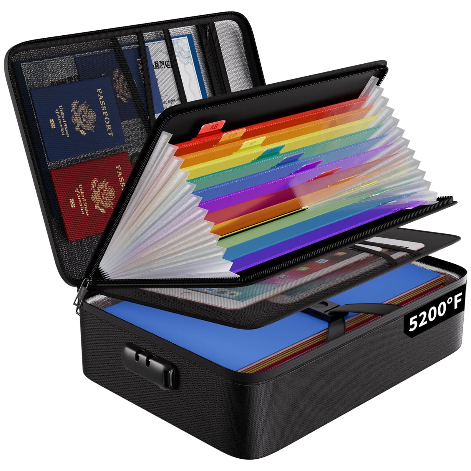 Waterproof Fireproof Multi-layer Organizer Accordion File Bag with Handheld Combination Lock, A4 Paper Test Paper Storage Safe