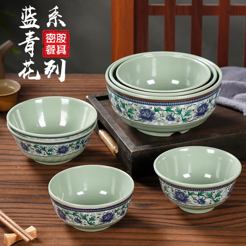 Chinese Blue and White A5 Melamine Small Bowl, Rice Bowl, Melamine Tableware, Fast Food Bowl, Commercial Soup Bowl, Porridge Bowl, Plastic Bowl, Reversible Rim Bowl