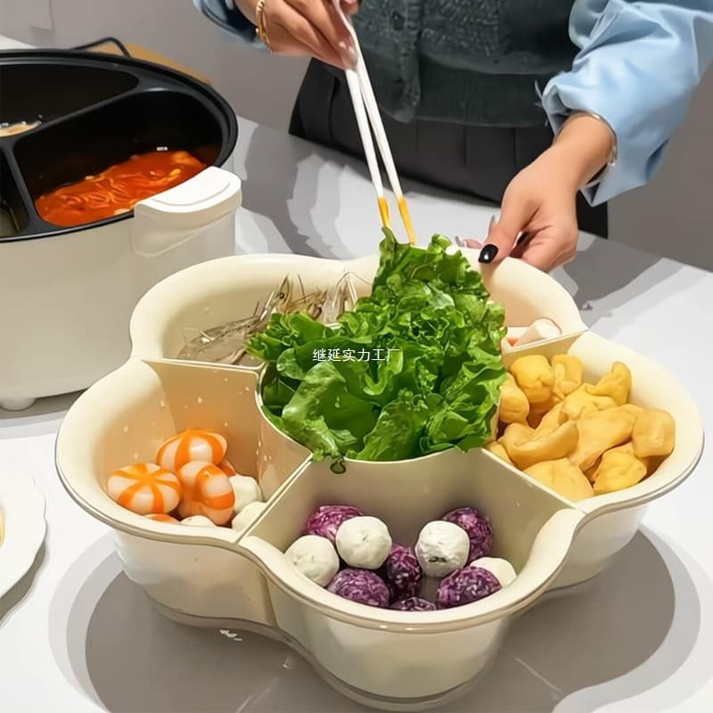 [100 Parcels for the New Home] Rotating Compartmented Hot Pot Prep Tray with Drain Basket for Kitchen Use