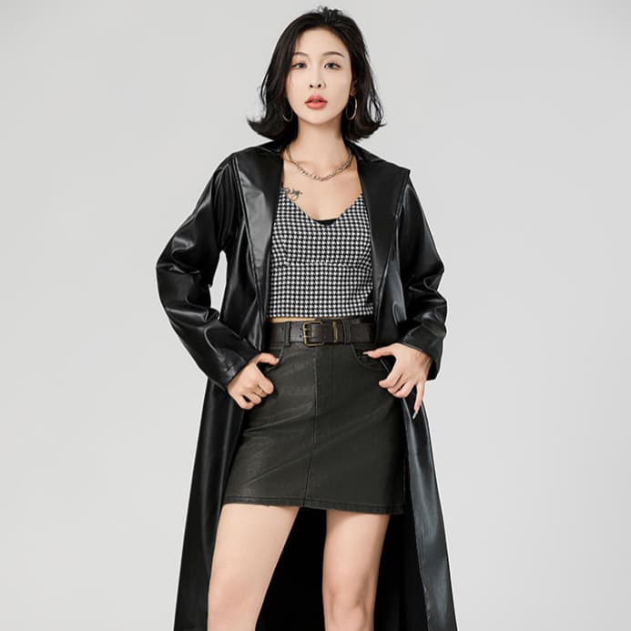 Cross-border Custom New Bathrobe Leather Trench Coat Spring/Autumn Wrinkle-resistant Fashion Leather Jacket Women's Leather Coat Customized European and American Waist-nipped