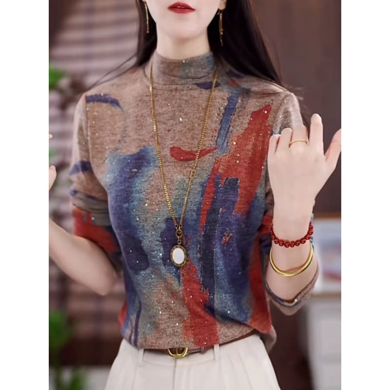 Half High Neck Base Shirt Women Autumn/Winter Elegant Youthful Small Shirt Chic Mom Outfit Fashion Loose Slimming Top