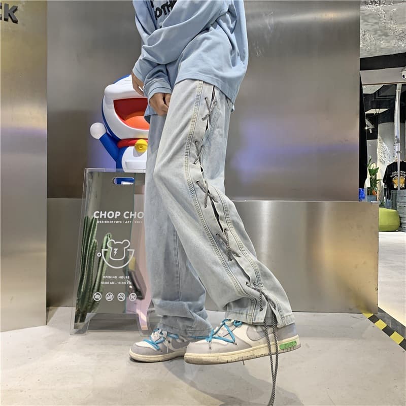 Autumn jeans men's ins fashion brand loose straight wide-leg pants retro washed high street vibe drawstring long pants