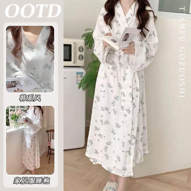 Long Sleeve Cotton-Like Women's Sleepwear Midi Dress Style Robe for Autumn Winter Comfortable Home Clothes Nightgown