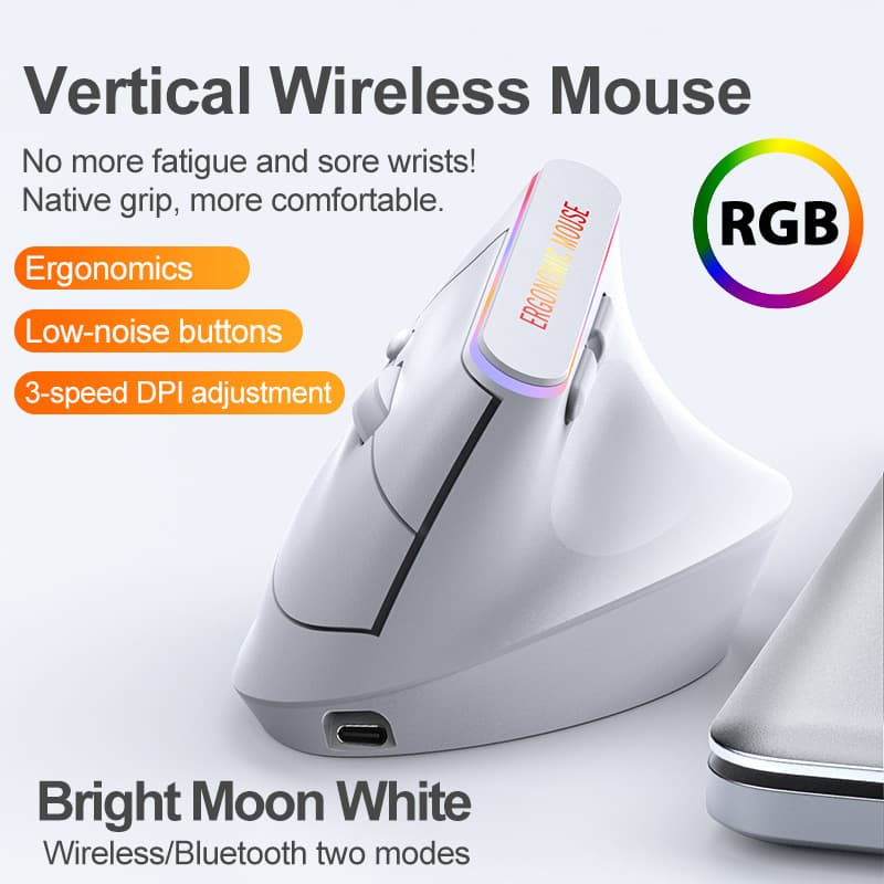 Cross-border RGB light-emitting mouse with ergonomic design, vertical Bluetooth BT+2.4G dual-mode Bluetooth wireless mouse