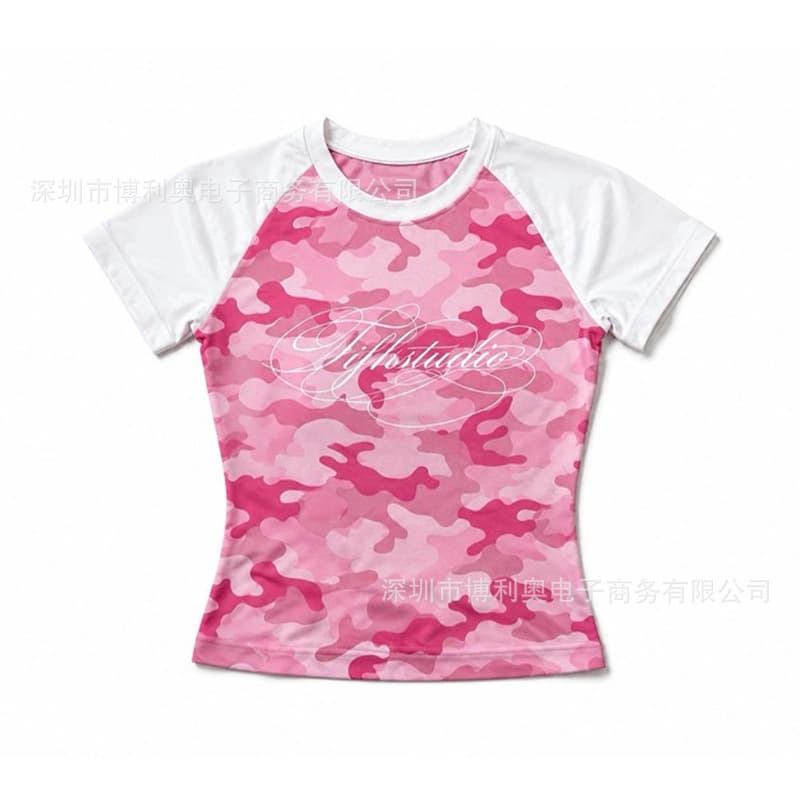 Y2K Millennium Hot Girl Raglan Short Sleeve Pink Gray Two-Tone Camouflage Script Letter Print Slim Fit Crop Top T-Shirt