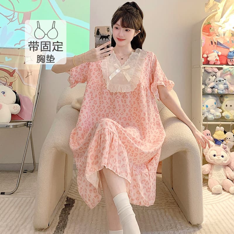 Cloud Cotton Pajamas for Women, Summer Princess Style with Chest Pads, Short-Sleeved Mid-Length Nightgown, Large Size 110kg Plus-Size Home Wear