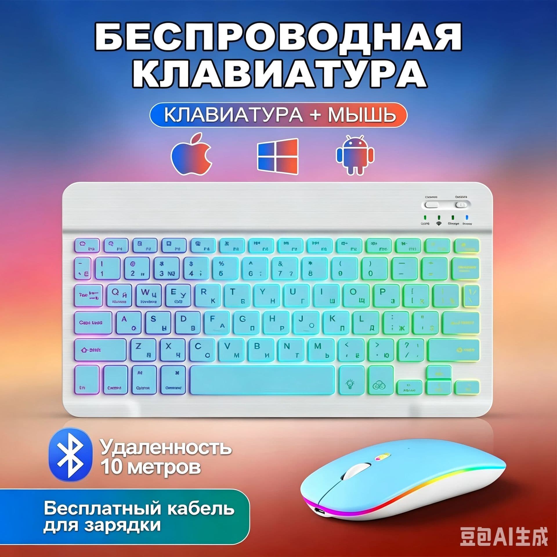 Wireless Backlit Bluetooth Keyboard 7-Color Gradient Glowing Keyboard Mouse Set Rechargeable Wireless Set Cross-border