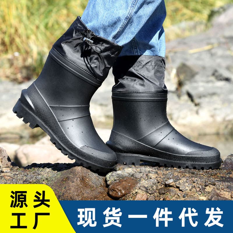 Men's Short Rain Boots Waterproof Non-slip Fishing Overshoes Fleece-lined Cotton Silicone Mid-calf Rain Boots