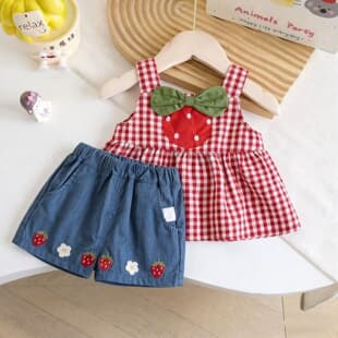 Girls Clothing 2026 Summer New Arrival, Cute Strawberry Plaid Vest Top with Embroidered Shorts Set, Trendy Two-Piece Outfit