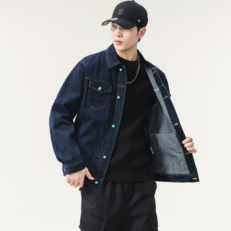 Turquoise Raw Denim Jacket Fade Resistant Original Indigo Washed Denim Jacket Men Handsome Denim Jacket