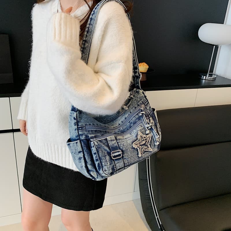Denim Bag Women's Cross-Border New Fashion Commuter Tote Bag Casual Large-Capacity Crossbody Bag Class Bag