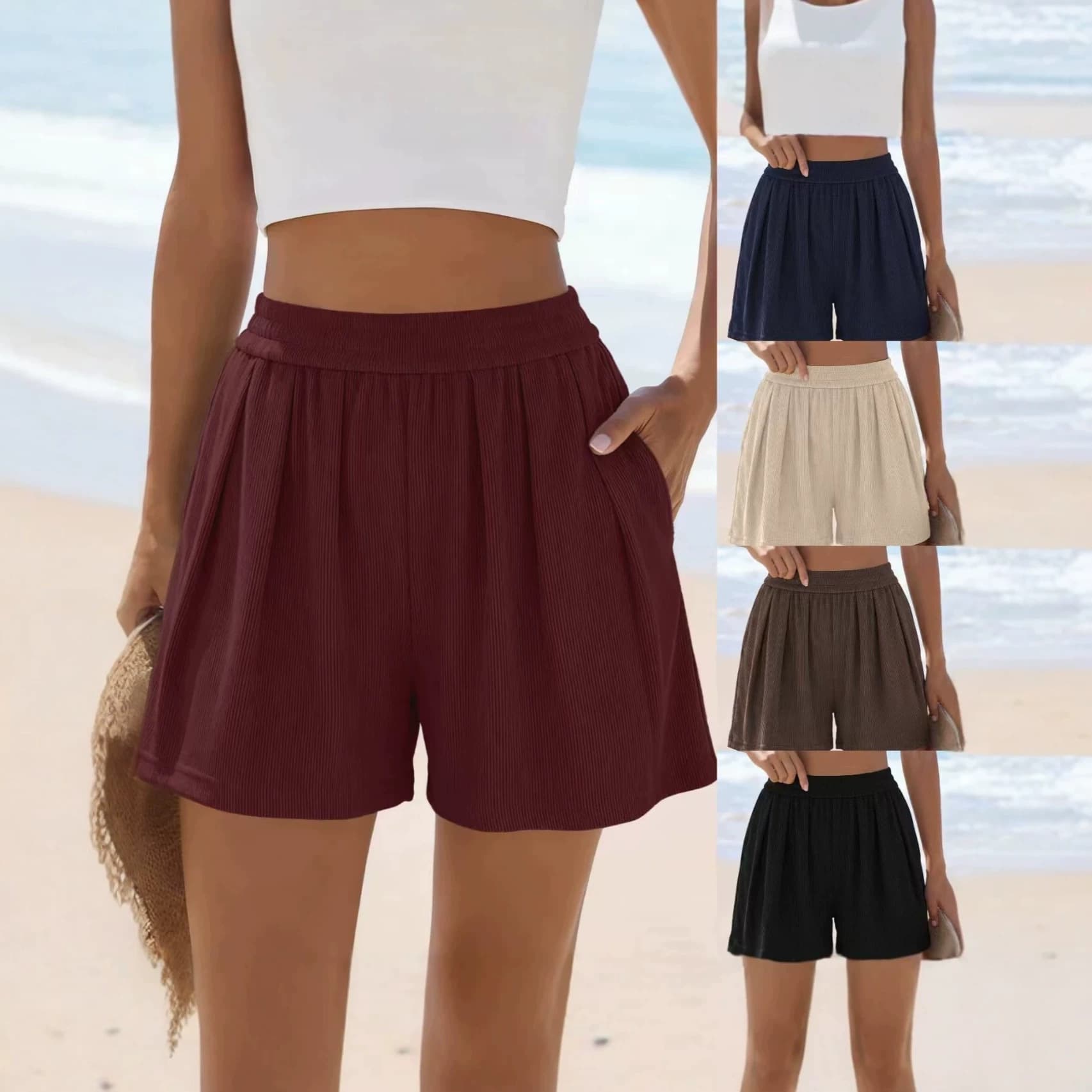 Cross-Border European and American Style Summer Slimming Pants, High-Waisted Wide-Leg Knitted Soft Casual Shorts, Sports Vacation Comfortable Shorts