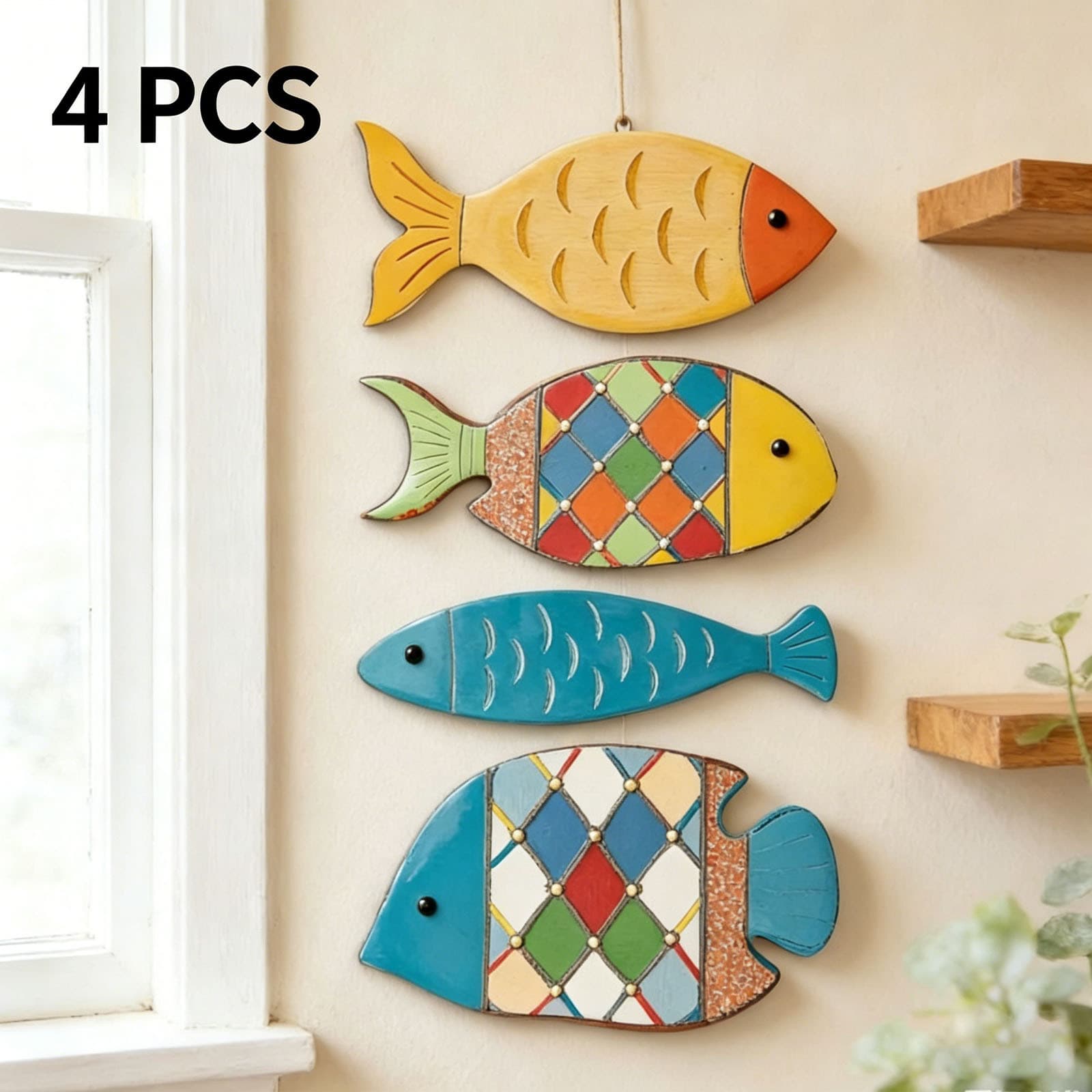 Cross-border 4-piece ocean-themed fish element wall decal wooden sign decoration, home wall art,
