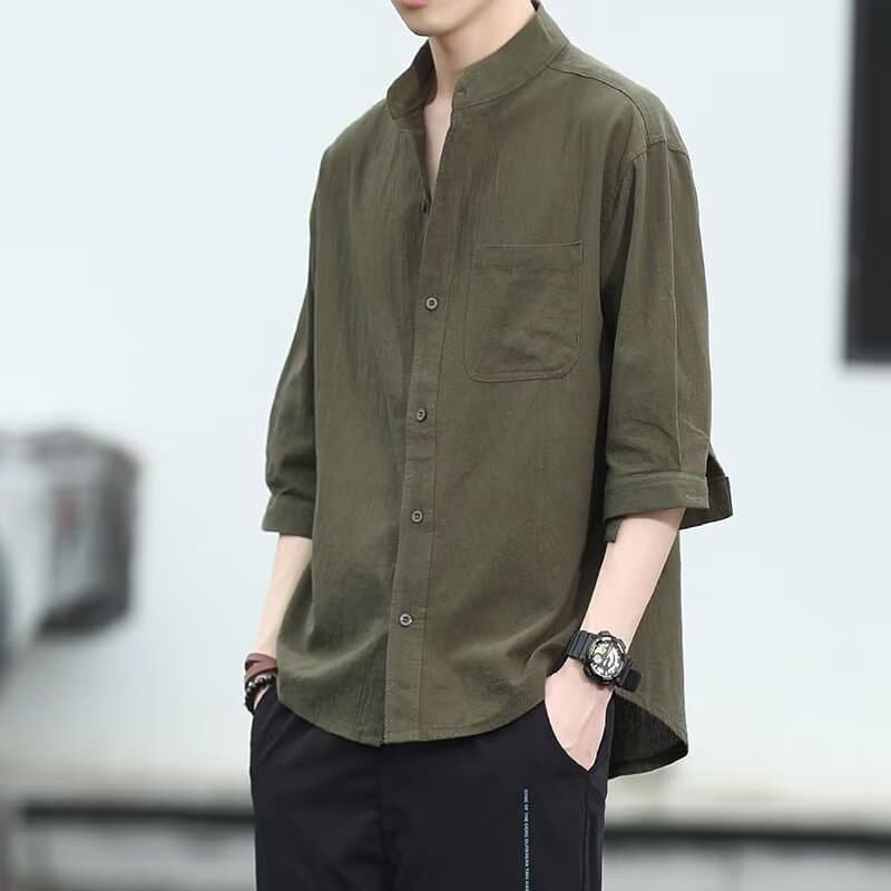 Summer stand-up collar shirt for men, Korean style trendy half-sleeved casual top, men's Japanese style loose large size three-quarter sleeve shirt