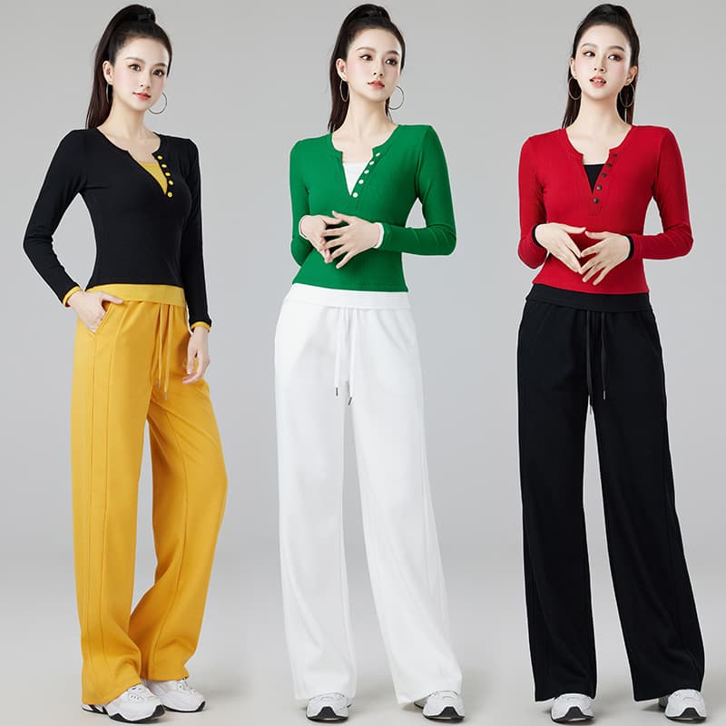 2025 Spring New Square Dance Sportswear, Fake Two-piece Color-block V-neck Patch Top, Slim Straight-leg Pants Set