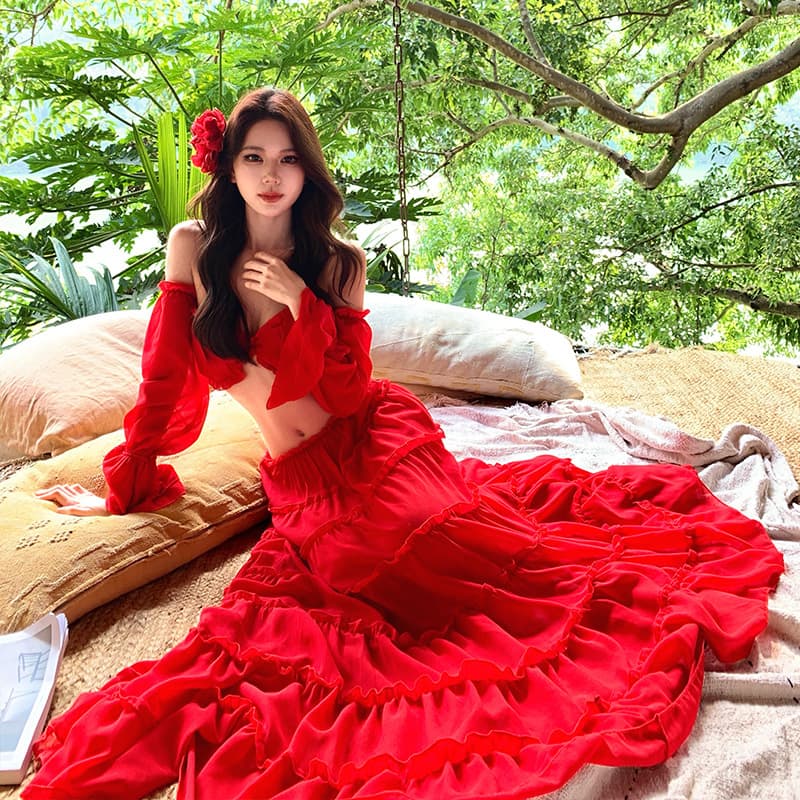 Island Style Beach Vacation Outfit Dopamine Aesthetic Two-Piece Set Photo-Ready Long Beach Dress with Atmosphere