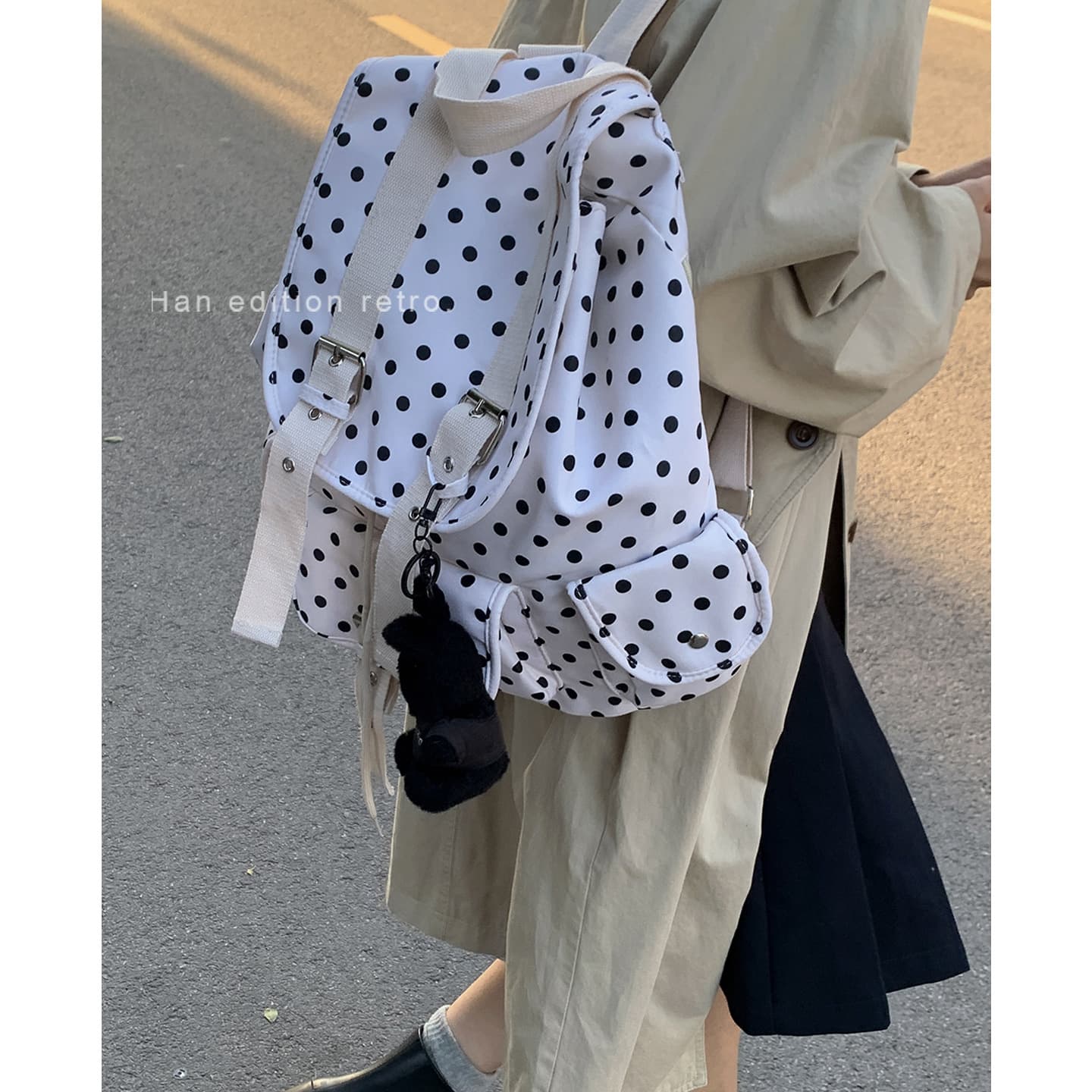 Korean style college style casual schoolbag for women 2025 new canvas bag polka dot print backpack one piece drop shipping