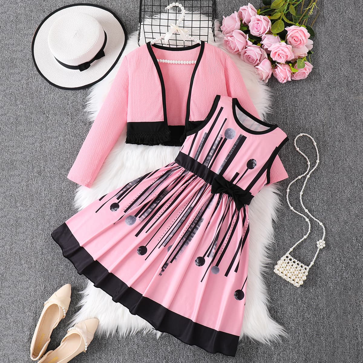 Girls' Dress Set Pink Vest Dress Long Sleeve Jacket Autumn Skirt Children's Two-Piece Set
