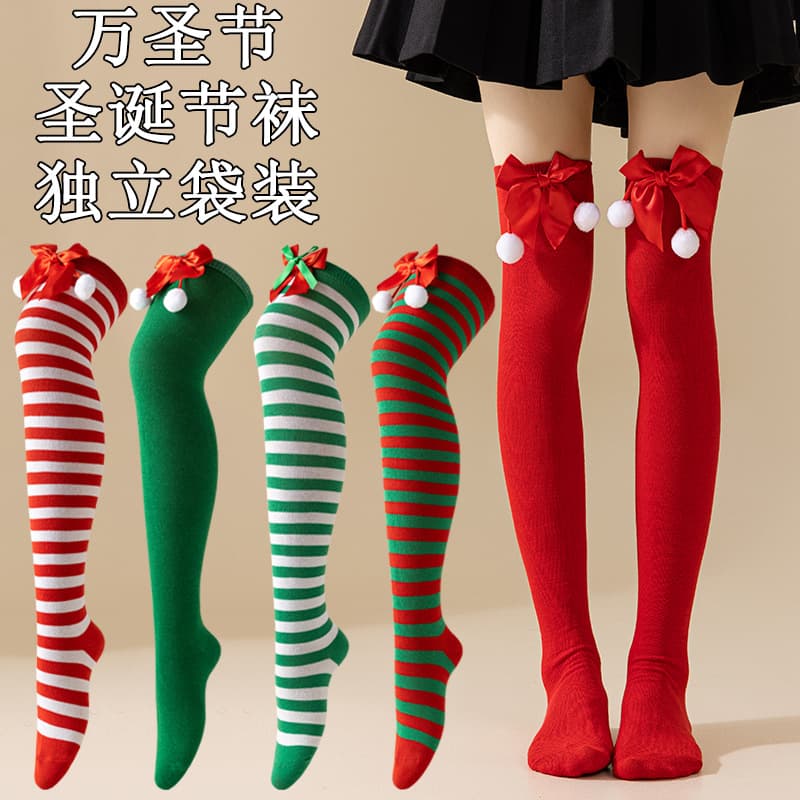 Cross-border bow Halloween Christmas European and American holiday pom-pom over-knee socks women long thin striped leg shaping socks.