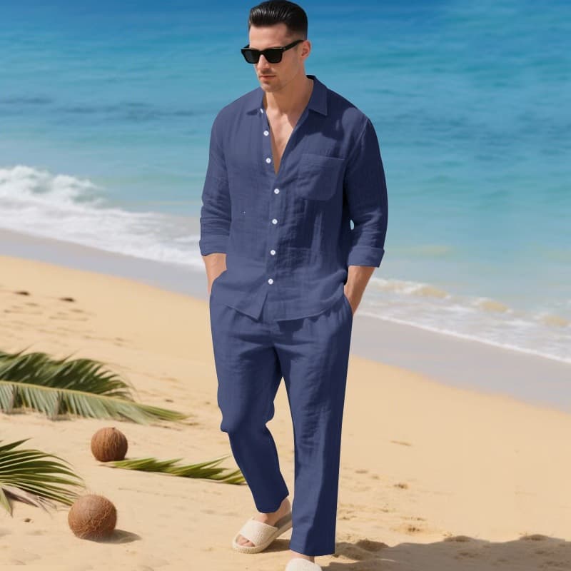 Cross-border European and American men's autumn loose and trendy linen solid color simple lapel long-sleeved shirt beach pants suit