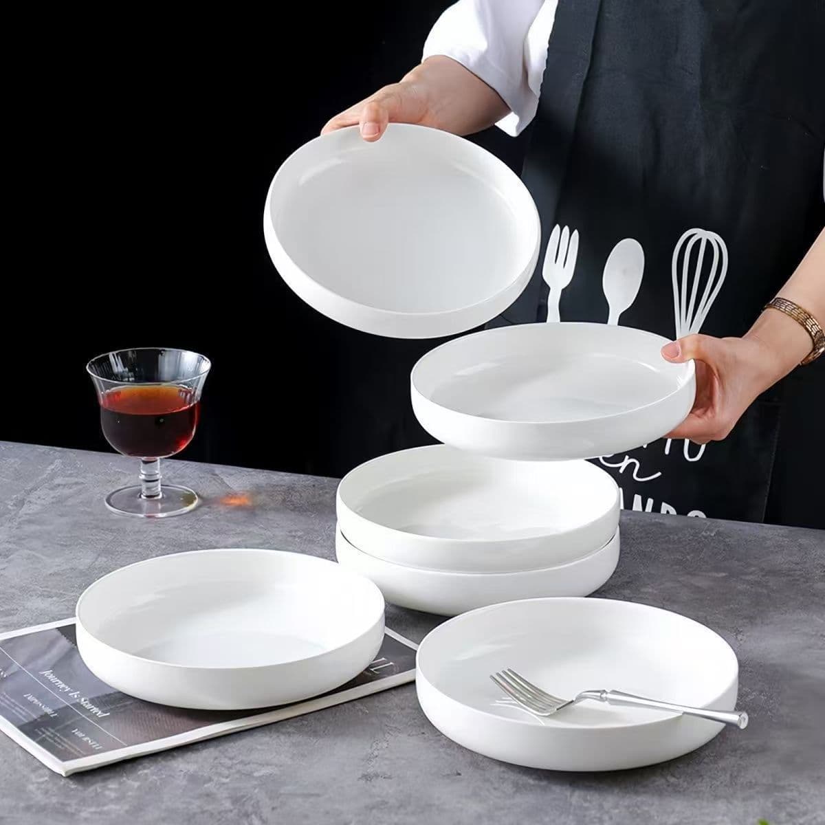 Nordic Style Pure White Minimalist Ceramic Plate Round Deep Soup Plate Dish Bowl Plate Dessert Pastry Plate Fruit Plate