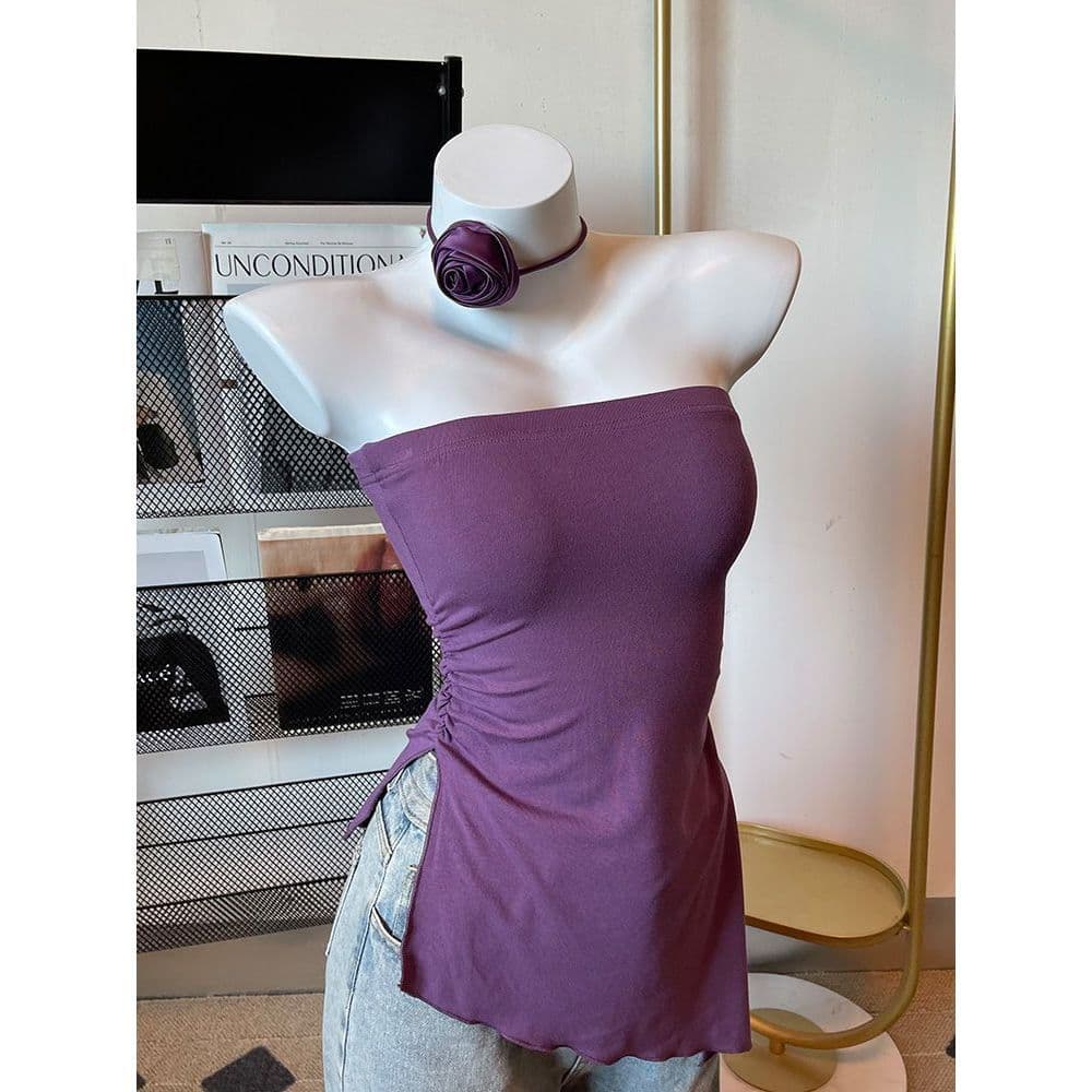 Dopamine Girl Thai Sweet Spicy Sexy Camisole Top Purple Slim Fit Split Flower Neck Wrap Bustier Vest