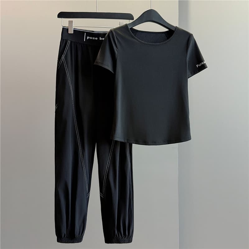 Shenzhen Nanyou 2026 New Gym Leisure Set Women's Summer Black Quick-Dry T-Shirt Morning Run Two-Piece Set