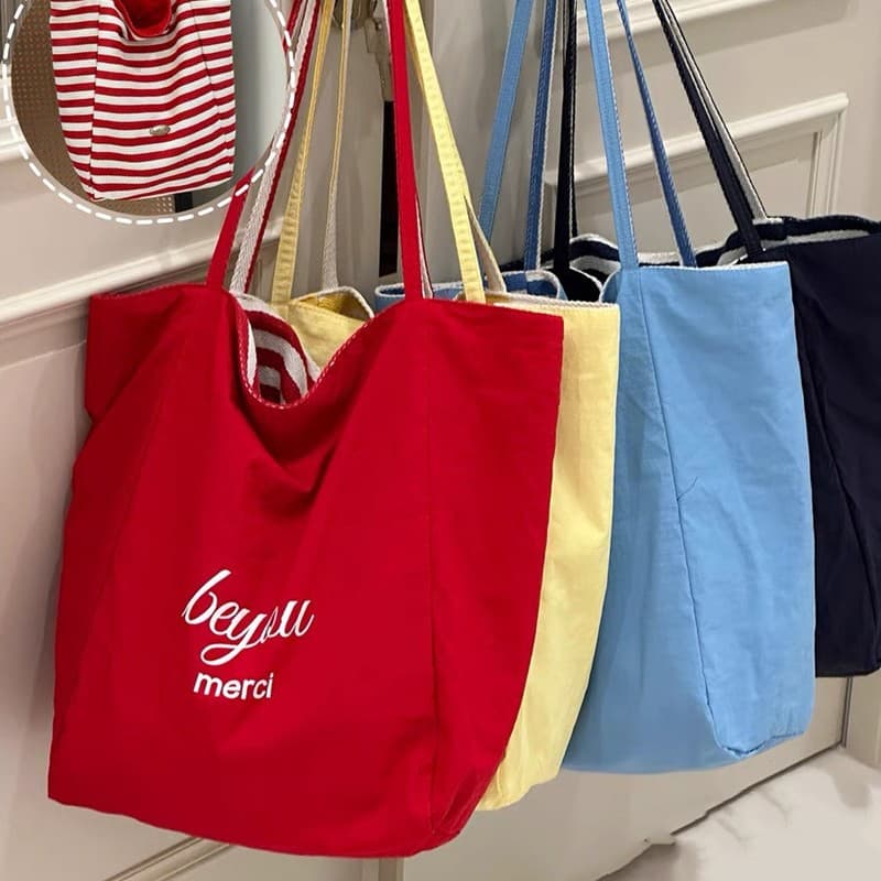 Striped Canvas Bag 2024 New Korean Style Ins Tote Casual Bag Large Capacity Shoulder Tote Shopping Bag