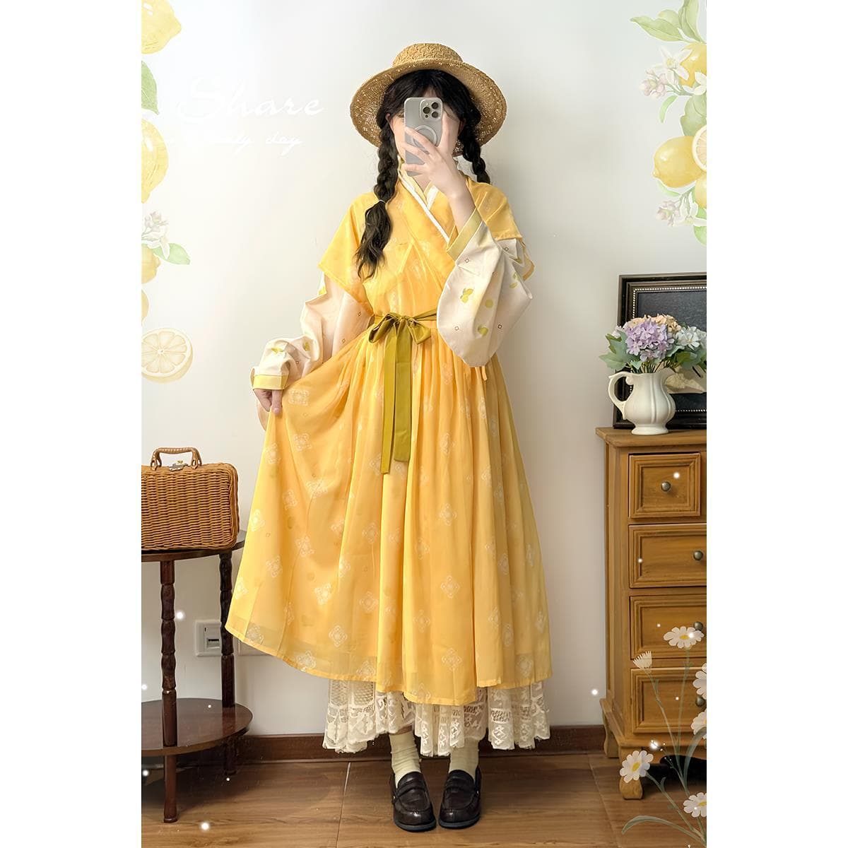 Original summer lemon Ming-made Hanfu half-sleeved lining dress improved daily versatile Han elements spring and summer style