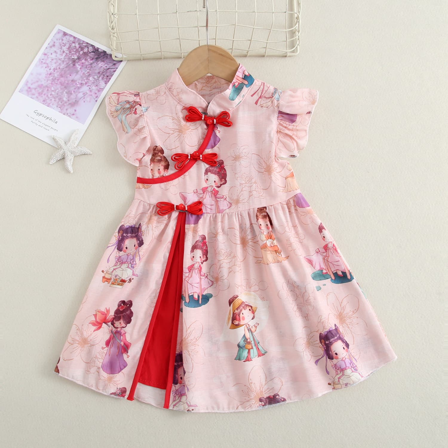 Girls' Cheongsam Dress, New Summer Style, Stylish Cartoon Print Princess Dress, Children's Traditional Chinese Style Performance Dress