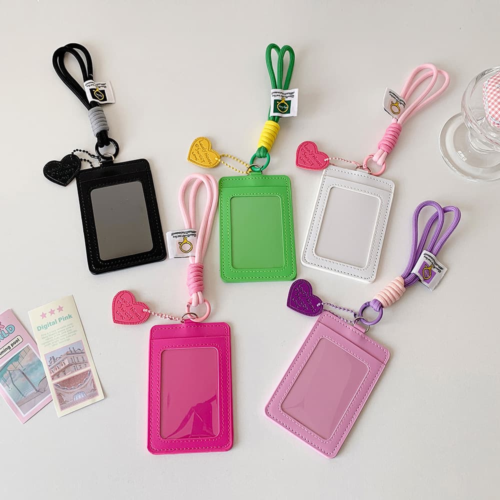 Solid color PU ID card holder Korean version love pendant dual card slot work ID student access card bus card meal card