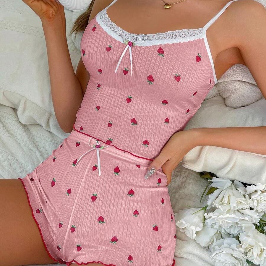 Cross-Border European and American Sleepwear Ribbed Loungewear Set for Women with Bowknot Lace Trim Sexy Camisole and Shorts Two-Piece Set