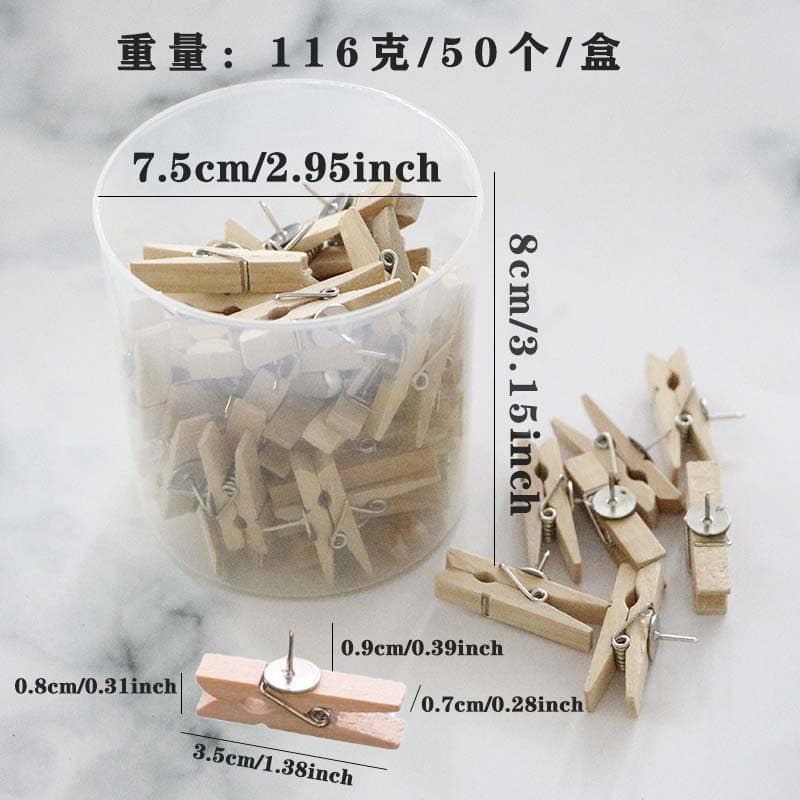 Jar-packaged Wood-colored Push Pins with Clips, Wooden Clips, Cork Clips, Photo Clips, Decorative Accessories, Desktop Nails for DIY