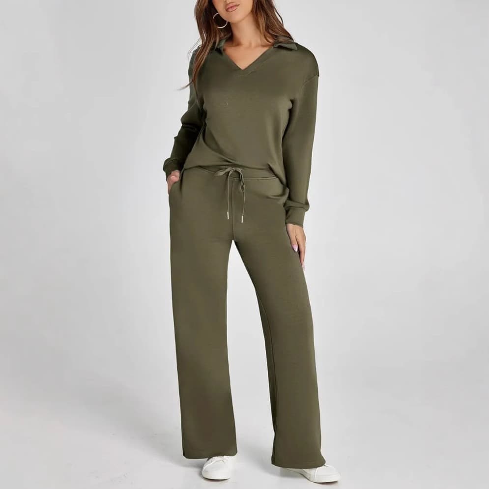 2026 Amazon independent site loose v-neck long-sleeved top with drawstring design elastic waist and two pairs of flared trousers