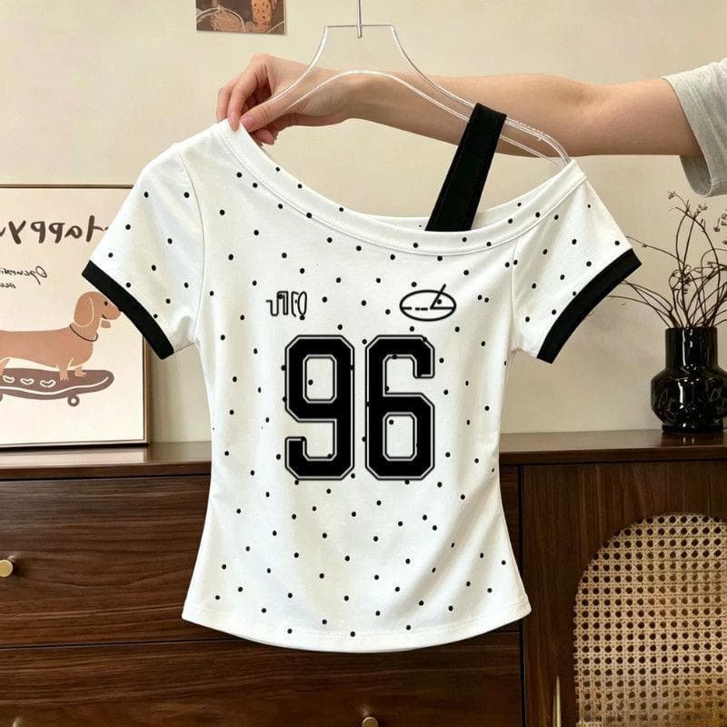 Cross-border foreign trade summer children's short-sleeved tops polka dot cartoon print off-shoulder T-shirt girls medium to large girls slim fit
