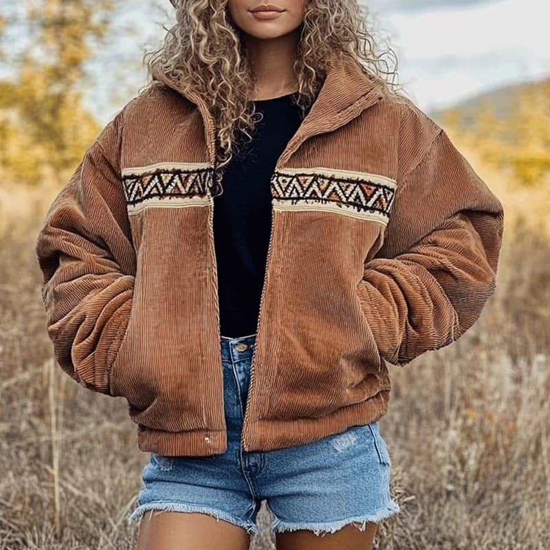 Cross-border European and American women's autumn and winter corduroy lapel jackets new fashion retro style webbing jackets for women
