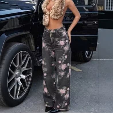 Cross-border popular printed jeans for women in autumn and winter new loose and versatile design floor-length wide-leg trendy jeans