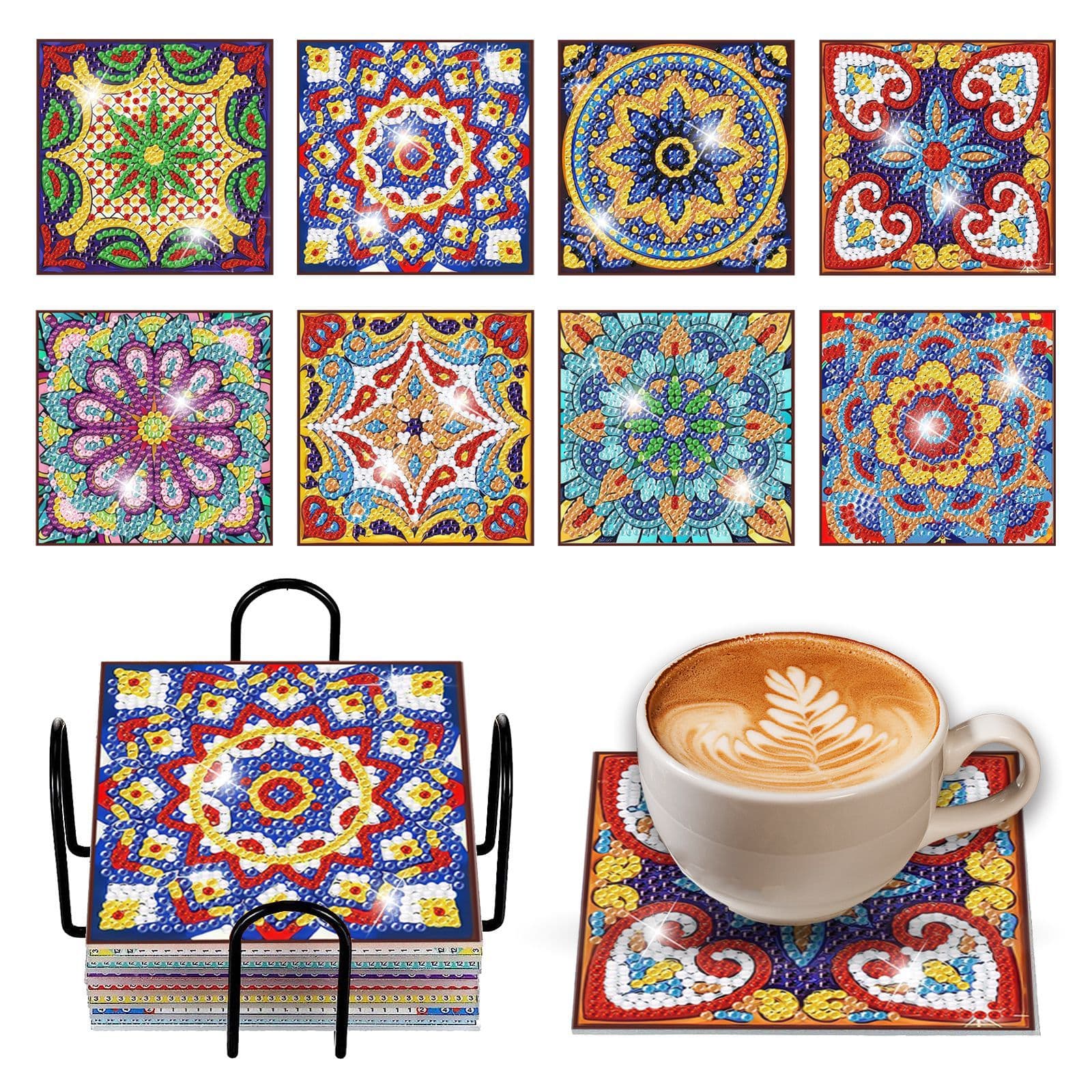 8-Piece Mandala DIY Diamond Painting Coaster Set, Round Full-Drill Wooden Coffee Cup Mat, Home Decoration