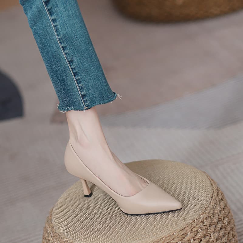 Nude High Heels Women's Thin Heel Soft Leather Non-Slip Interview Professional Work Shoes Summer Autumn Winter Seasonal Wear