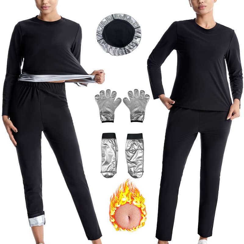 Women's Fitness Suit Casual Silver-Coated Sportswear Sweat Suit Shapewear Round Neck Top Elastic Waistband Long Pants