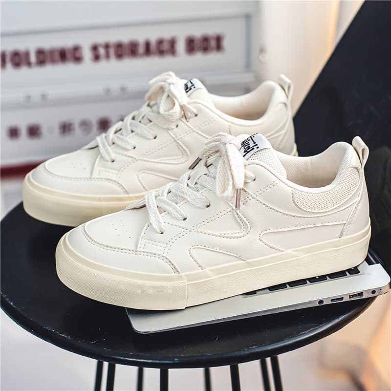Men's Fall Breathable Versatile Casual Skate Shoes, Trendy Viral Middle School Student Flat White Sneakers