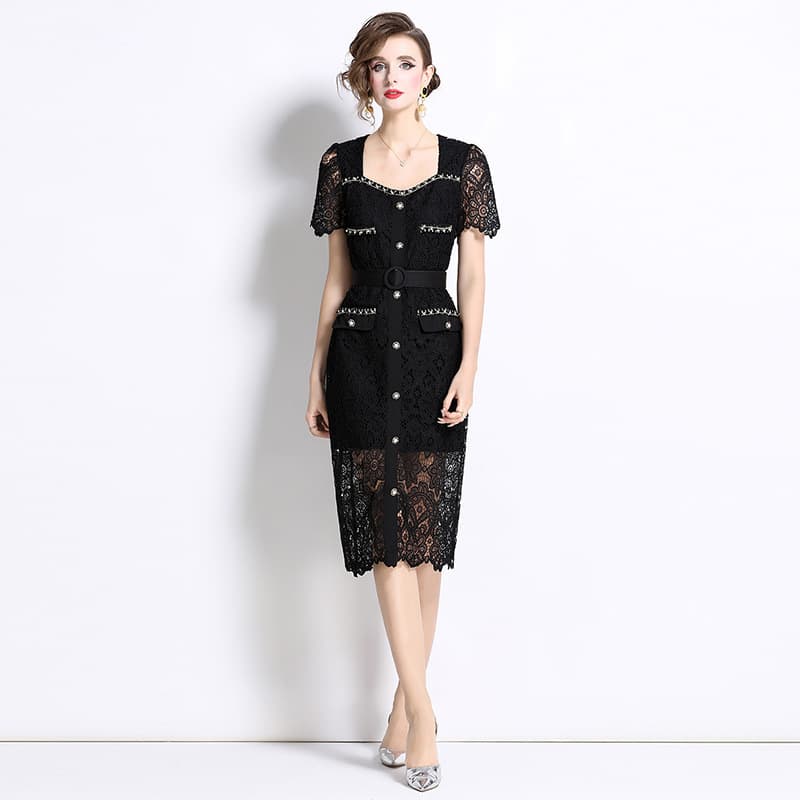 French style dress for women summer heavy beading and diamond square collar slim fit water-soluble lace mid-length skirt